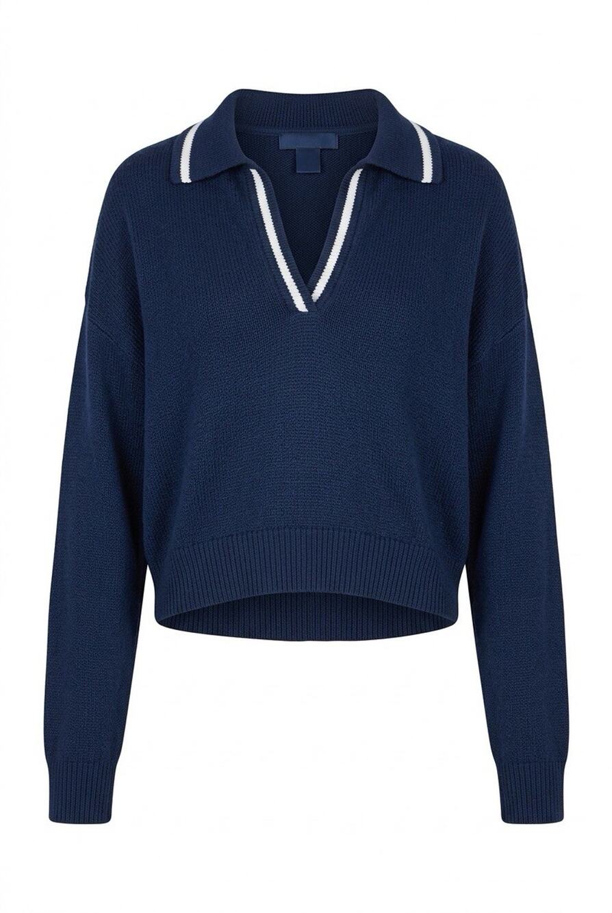 VS PINK Cambridge Knit Polo Crop Sweater Women’s L Navy Blue White Soft EUC